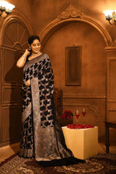 Deep Navy Blue Mushru Satin Banarasi Handloom Saree With Silver Jaal